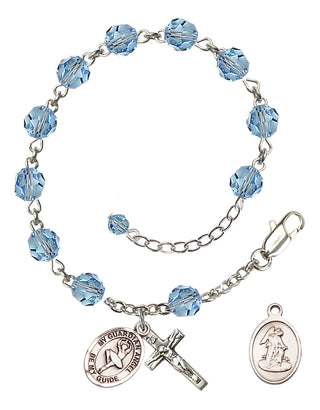 Sterling Silver 6mm Austrian Crystal Guardian Angel/Dance Rosary Bracelet in Aqua Engraved Catholic Saint Jewelry