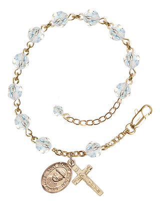 14kt Gold-Filled 6mm Austrian Crystal Saint Damien of Molokai Rosary Bracelet in Crystal Engraved Catholic Saint Jewelry