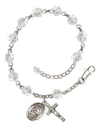 Sterling Silver 6mm Austrian Crystal Saint Charles Borromeo Rosary Bracelet in Crystal Engraved Catholic Saint Jewelry