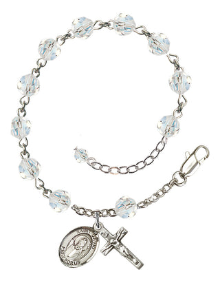 Sterling Silver 6mm Austrian Crystal Saint David of Wales Rosary Bracelet in Crystal Engraved Catholic Saint Jewelry