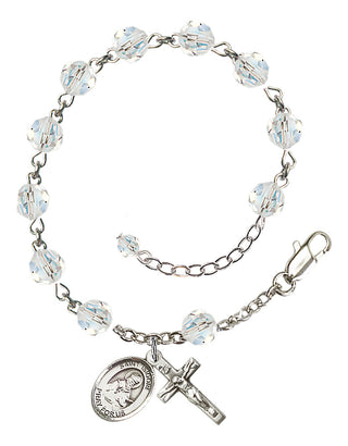 Sterling Silver 6mm Austrian Crystal Saint Isidore of Seville Rosary Bracelet in Crystal Engraved Catholic Saint Jewelry