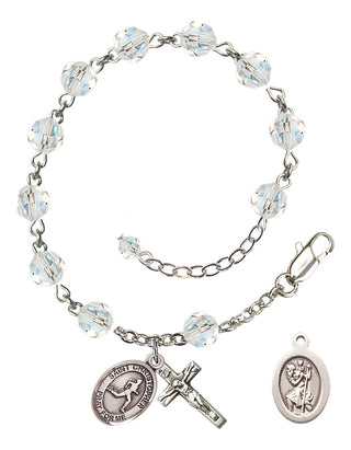 Sterling Silver 6mm Austrian Crystal Saint Christopher/Track & Field Rosary Bracelet in Crystal Engraved Catholic Saint Jewelry