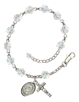 Sterling Silver 6mm Austrian Crystal Saint Finnian of Clonard Rosary Bracelet in Crystal Engraved Catholic Saint Jewelry