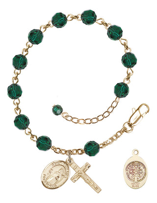 14kt Gold-Filled 6mm Austrian Crystal St. Benedict Rosary Bracelet in Emerald | Engravable