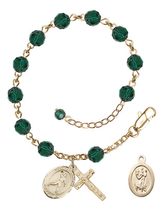 Adjustable 14 Karat Gold-Filled 6mm Austrian Crystal Saint Christopher/Football Rosary Bracelet in Emerald