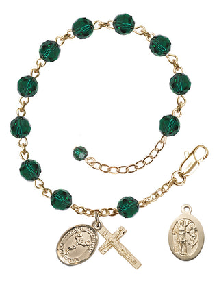 Adjustable 14 Karat Gold-Filled 6mm Austrian Crystal Saint Sebastian/Cheerleading Rosary Bracelet in Emerald