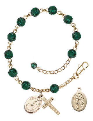 Adjustable 14 Karat Gold-Filled 6mm Austrian Crystal Saint Sebastian/Track & Field Rosary Bracelet in Emerald