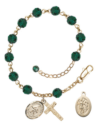 Adjustable 14 Karat Gold-Filled 6mm Austrian Crystal Saint Sebastian/Field Hockey Rosary Bracelet in Emerald