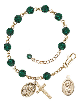 Adjustable 14 Karat Gold-Filled 6mm Austrian Crystal Saint Christopher/Motorcycle Rosary Bracelet in Emerald