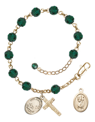 Adjustable 14 Karat Gold-Filled 6mm Austrian Crystal Saint Christopher / Fishing Rosary Bracelet in Emerald