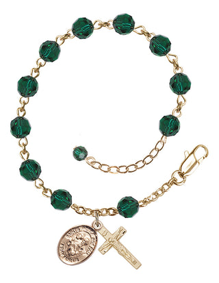 14kt Gold-Filled 6mm Austrian Crystal Saints Peter & Paul Rosary Bracelet in Emerald Engraved Catholic Saint Jewelry