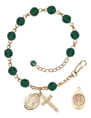14kt Gold 6mm Austrian Crystal St. Benedict Rosary Bracelet in Emerald | Engravable