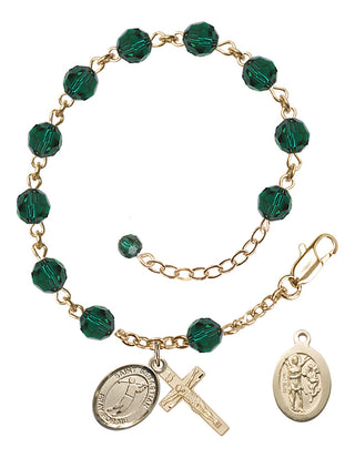 Adjustable 14 Karat Gold 6mm Austrian Crystal Saint Sebastian/Golf Rosary Bracelet in Emerald