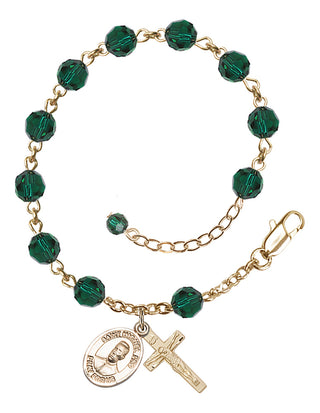 14kt Gold 6mm Austrian Crystal Bl. Miguel Pro Rosary Bracelet in Emerald Engraved Catholic Saint Jewelry