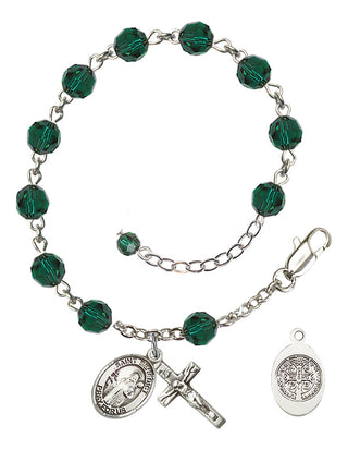Sterling Silver 6mm Austrian Crystal St. Benedict Rosary Bracelet in Emerald | Engravable