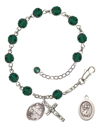 Adjustable Sterling Silver 6mm Austrian Crystal Saint Christopher/Volleyball Rosary Bracelet in Emerald