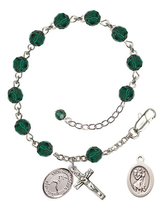 Adjustable Sterling Silver 6mm Austrian Crystal Saint Christopher/Softball Rosary Bracelet in Emerald