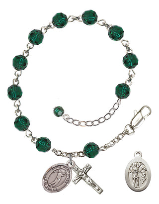 Adjustable Sterling Silver 6mm Austrian Crystal Saint Sebastian/Golf Rosary Bracelet in Emerald