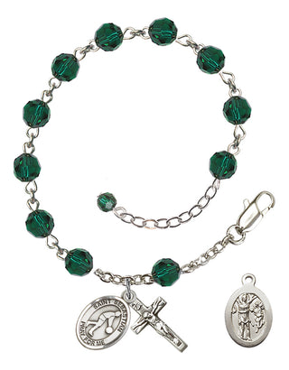 Adjustable Sterling Silver 6mm Austrian Crystal Saint Sebastian/Basketball Rosary Bracelet in Emerald