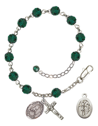 Adjustable Sterling Silver 6mm Austrian Crystal Saint Sebastian/Ice Hockey Rosary Bracelet in Emerald