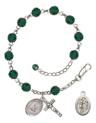 Adjustable Sterling Silver 6mm Austrian Crystal Saint Sebastian/Skiing Rosary Bracelet in Emerald