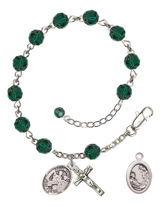 Sterling Silver 6mm Austrian Crystal Saint Cecilia / Marching Band Rosary Bracelet in Emerald Engraved Catholic Saint Jewelry