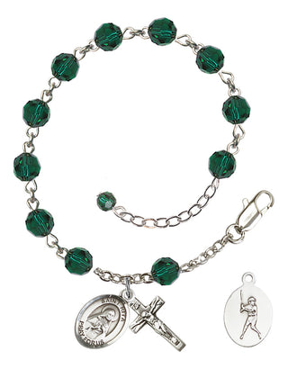 Adjustable Sterling Silver 6mm Austrian Crystal Saint Rita / Baseball Rosary Bracelet in Emerald