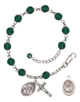Adjustable Sterling Silver 6mm Austrian Crystal Saint Christopher/Motorcycle Rosary Bracelet in Emerald