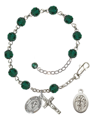 Adjustable Sterling Silver 6mm Austrian Crystal Saint Sebastian / Rugby Rosary Bracelet in Emerald