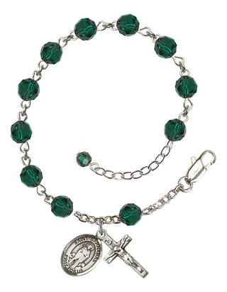 Sterling Silver 6mm Austrian Crystal Saint Barnabas Rosary Bracelet in Emerald Engraved Catholic Saint Jewelry