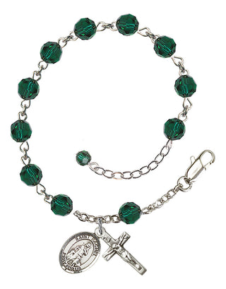 Sterling Silver 6mm Austrian Crystal Saint Rachel Rosary Bracelet in Emerald Engraved Catholic Saint Jewelry