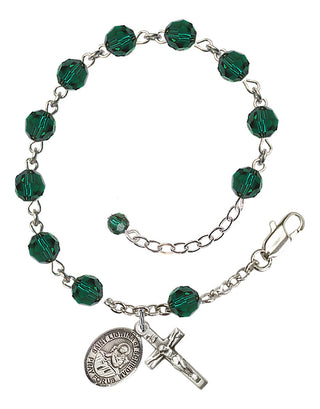Sterling Silver 6mm Austrian Crystal Saint Lidwina of Schiedam Rosary Bracelet in Emerald Engraved Catholic Saint Jewelry