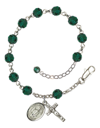 Sterling Silver 6mm Austrian Crystal Saint Wolfgang Rosary Bracelet in Emerald Engraved Catholic Saint Jewelry