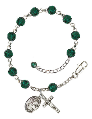 Sterling Silver 6mm Austrian Crystal Saint Rene Goupil Rosary Bracelet in Emerald Engraved Catholic Saint Jewelry