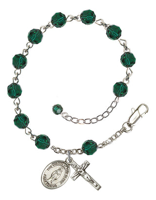 Sterling Silver 6mm Austrian Crystal Virgin of the Globe Rosary Bracelet in Emerald Engraved Catholic Saint Jewelry
