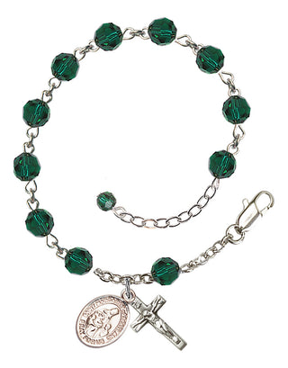 Sterling Silver 6mm Austrian Crystal Saint Margaret of Scotland Rosary Bracelet in Emerald Engraved Catholic Saint Jewelry