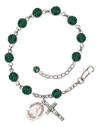 Sterling Silver 6mm Austrian Crystal Saint Lydia Purpuraria Rosary Bracelet in Emerald Engraved Catholic Saint Jewelry
