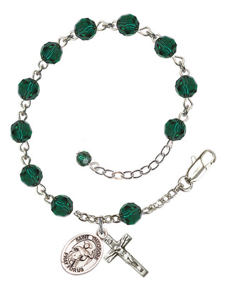 Sterling Silver 6mm Austrian Crystal Saint Theodore Stratelates Rosary Bracelet in Emerald Engraved Catholic Saint Jewelry