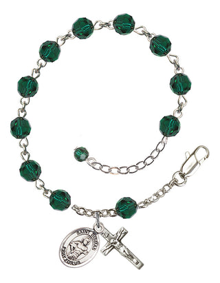 Sterling Silver 6mm Austrian Crystal Saint Dismas Rosary Bracelet in Emerald Engraved Catholic Saint Jewelry