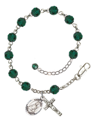 Sterling Silver 6mm Austrian Crystal Saint Lucy Rosary Bracelet in Emerald Engraved Catholic Saint Jewelry