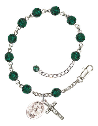 Sterling Silver 6mm Austrian Crystal Saint Medard of Noyon Rosary Bracelet in Emerald Engraved Catholic Saint Jewelry