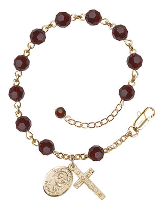 14kt Gold-Filled 6mm Austrian Crystal Saint Anthony of Padua Rosary Bracelet in Garnet Engraved Catholic Saint Jewelry