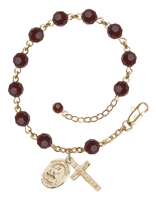 14kt Gold-Filled 6mm Austrian Crystal Saint Gerard Majella Rosary Bracelet in Garnet Engraved Catholic Saint Jewelry
