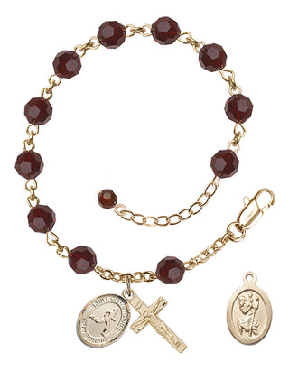 14kt Gold-Filled 6mm Austrian Crystal Saint Christopher/Track & Field Rosary Bracelet in Garnet Engraved Catholic Saint Jewelry