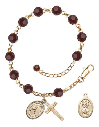 Adjustable 14 Karat Gold-Filled 6mm Austrian Crystal Saint Christopher/Baseball Rosary Bracelet in Garnet