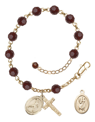 Adjustable 14 Karat Gold-Filled 6mm Austrian Crystal Saint Christopher/Football Rosary Bracelet in Garnet