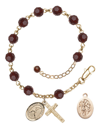 14kt Gold-Filled 6mm Austrian Crystal Saint Sebastian/Softball Rosary Bracelet in Garnet Engraved Catholic Saint Jewelry
