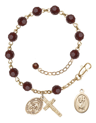 14kt Gold-Filled 6mm Austrian Crystal Saint Christopher / Field Hockey Rosary Bracelet in Garnet Engraved Catholic Saint Jewelry