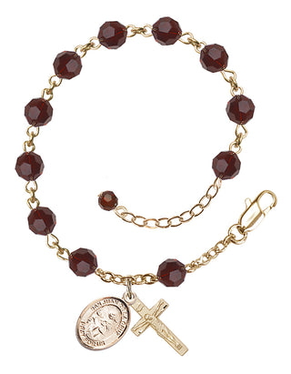 14kt Gold-Filled 6mm Austrian Crystal San Juan de la Cruz Rosary Bracelet in Garnet Engraved Catholic Saint Jewelry