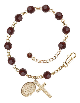 14kt Gold-Filled 6mm Austrian Crystal Saint Gabriel Possenti Rosary Bracelet in Garnet Engraved Catholic Saint Jewelry